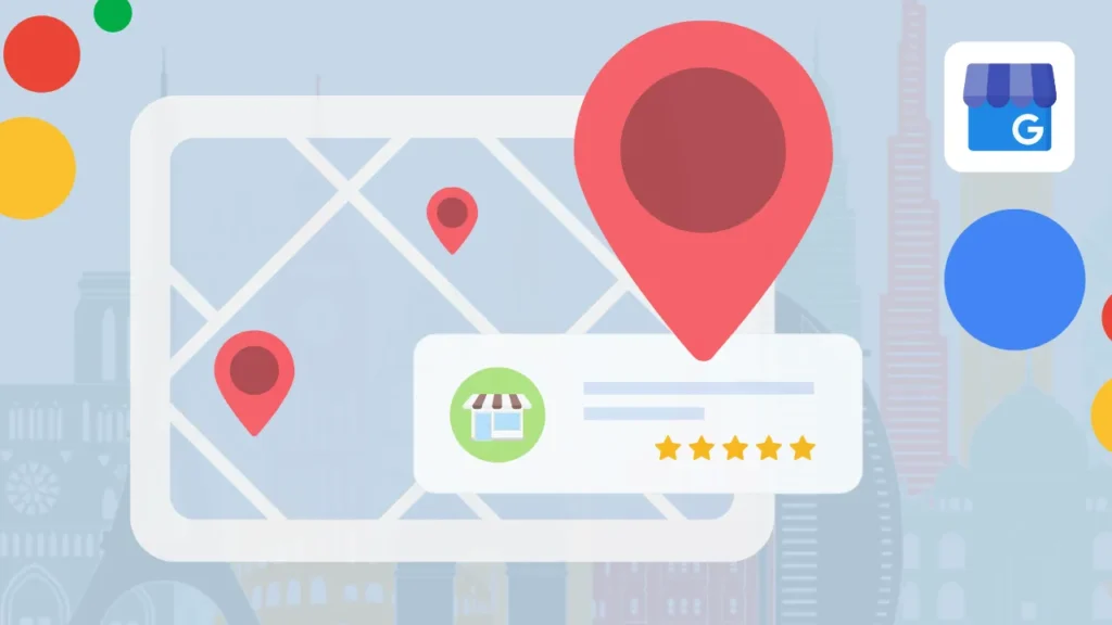 An illustration showcasing a Google Business Profile interface with a prominent red location pin on a map, a storefront with a rating of five stars, and various colored circles, possibly representing online traffic and reviews.